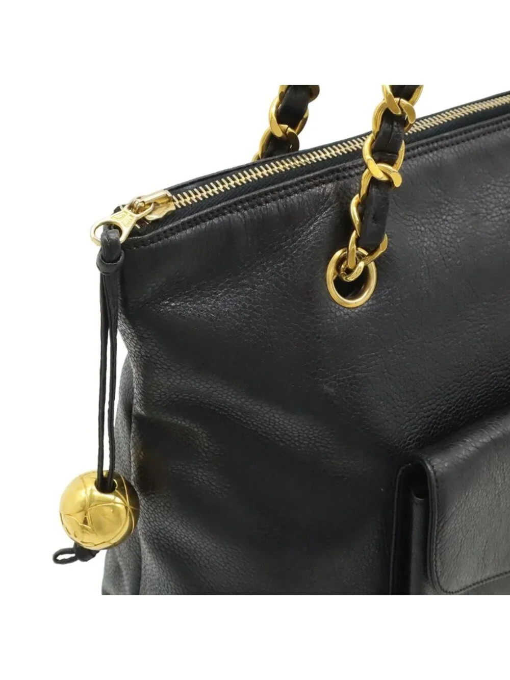 Chanel CC Logo Tote Chain Shoulder Bag Caviar Leather Black Gold